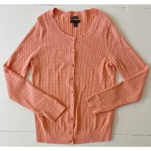 Tommy Hilfiger Cable Knit Cardigan Women L Tangerine Pima Cotton Preppy